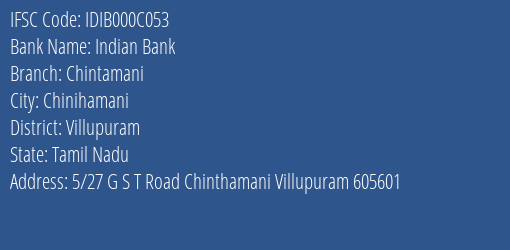 Indian Bank Chintamani Branch Villupuram IFSC Code IDIB000C053