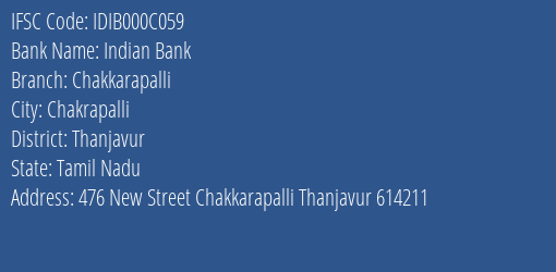 Indian Bank Chakkarapalli Branch Thanjavur IFSC Code IDIB000C059