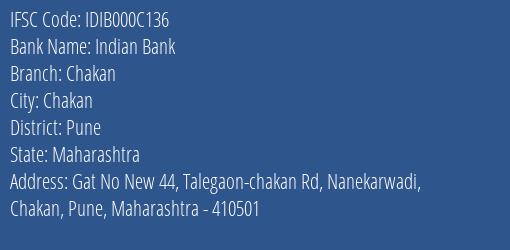 Indian Bank Chakan Branch, Branch Code 00C136 & IFSC Code Idib000c136