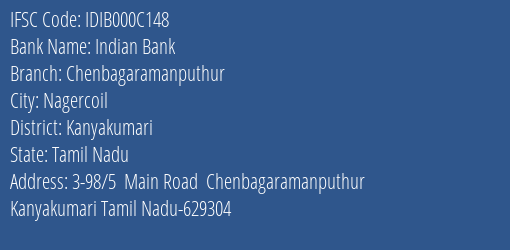Indian Bank Chenbagaramanputhur Branch Kanyakumari IFSC Code IDIB000C148