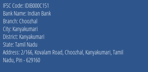 Indian Bank Choozhal Branch Kanyakumari IFSC Code IDIB000C151