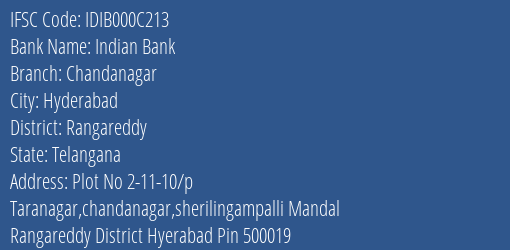 Indian Bank Chandanagar Branch Rangareddy IFSC Code IDIB000C213