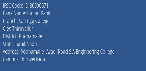 Indian Bank Sa Engg College Branch Poonamalle IFSC Code IDIB000C571