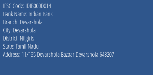 Indian Bank Devarshola Branch Nilgiris IFSC Code IDIB000D014