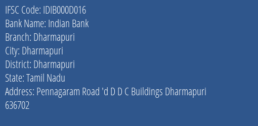 Indian Bank Dharmapuri Branch Dharmapuri IFSC Code IDIB000D016
