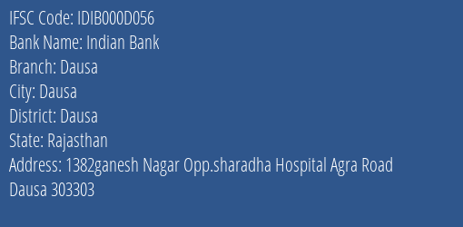 Indian Bank Dausa Branch, Branch Code 00D056 & IFSC Code IDIB000D056