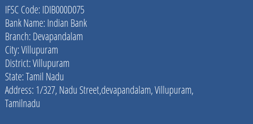 Indian Bank Devapandalam Branch Villupuram IFSC Code IDIB000D075