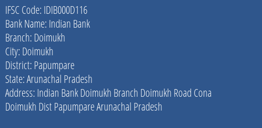 Indian Bank Doimukh Branch, Branch Code 00D116 & IFSC Code IDIB000D116