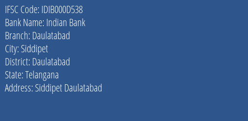 Indian Bank Daulatabad Branch Daulatabad IFSC Code IDIB000D538