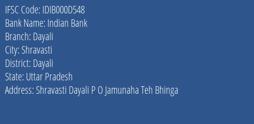 Indian Bank Dayali Branch, Branch Code 00D548 & IFSC Code Idib000d548