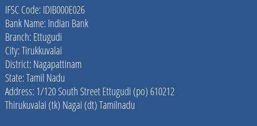 Indian Bank Ettugudi Branch Nagapattinam IFSC Code IDIB000E026