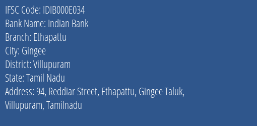 Indian Bank Ethapattu Branch Villupuram IFSC Code IDIB000E034