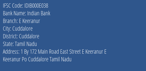 Indian Bank E Keeranur Branch Cuddalore IFSC Code IDIB000E038