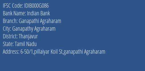Indian Bank Ganapathi Agraharam Branch Thanjavur IFSC Code IDIB000G086