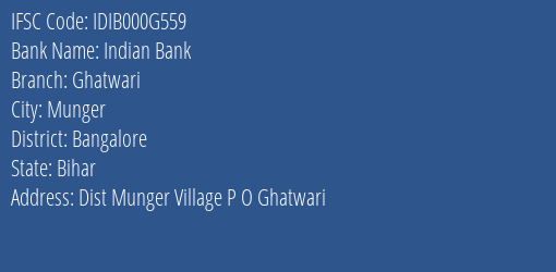 Indian Bank Ghatwari Branch Bangalore IFSC Code IDIB000G559