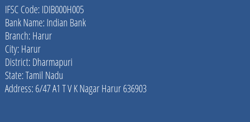 Indian Bank Harur Branch Dharmapuri IFSC Code IDIB000H005