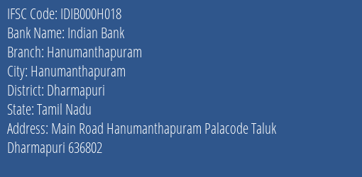 Indian Bank Hanumanthapuram Branch Dharmapuri IFSC Code IDIB000H018