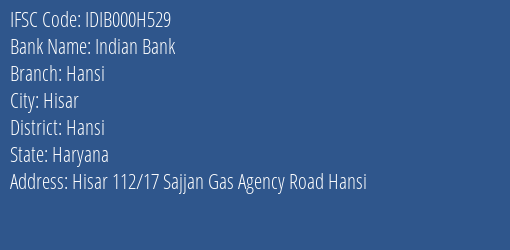 Indian Bank Hansi Branch Hansi IFSC Code IDIB000H529