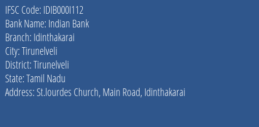 Indian Bank Idinthakarai Branch Tirunelveli IFSC Code IDIB000I112