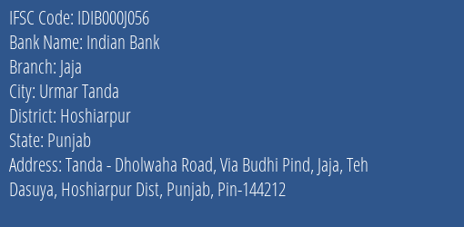 Indian Bank Jaja Branch, Branch Code 00J056 & IFSC Code IDIB000J056