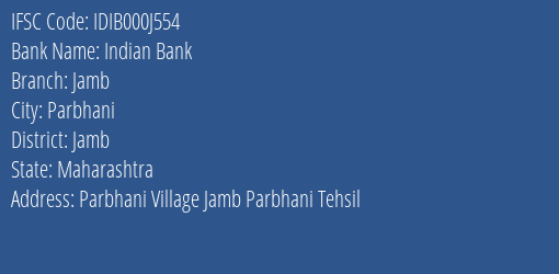 Indian Bank Jamb Branch, Branch Code 00J554 & IFSC Code Idib000j554