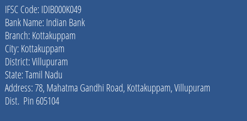 Indian Bank Kottakuppam Branch Villupuram IFSC Code IDIB000K049