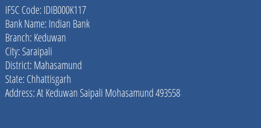 Indian Bank Keduwan Branch, Branch Code 00K117 & IFSC Code IDIB000K117