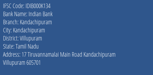 Indian Bank Kandachipuram Branch Villupuram IFSC Code IDIB000K134