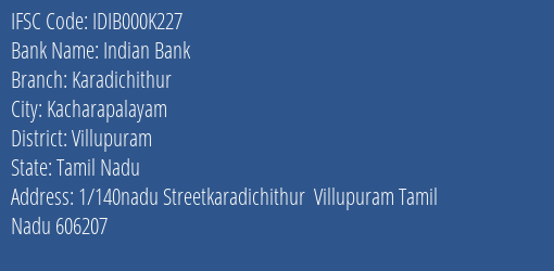 Indian Bank Karadichithur Branch Villupuram IFSC Code IDIB000K227