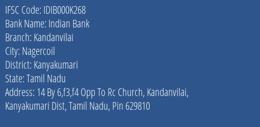 Indian Bank Kandanvilai Branch Kanyakumari IFSC Code IDIB000K268