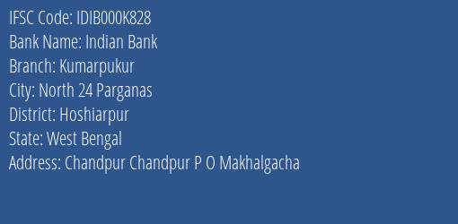 Indian Bank Kumarpukur Branch, Branch Code 00K828 & IFSC Code IDIB000K828