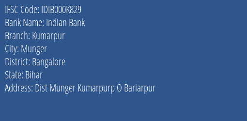 Indian Bank Kumarpur Branch Bangalore IFSC Code IDIB000K829