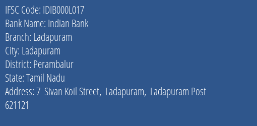 Indian Bank Ladapuram Branch Perambalur IFSC Code IDIB000L017