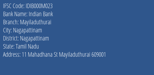 Indian Bank Mayiladuthurai Branch Nagapattinam IFSC Code IDIB000M023