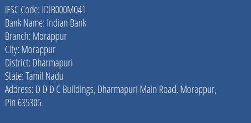 Indian Bank Morappur Branch Dharmapuri IFSC Code IDIB000M041