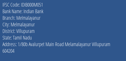 Indian Bank Melmalayanur Branch Villupuram IFSC Code IDIB000M051