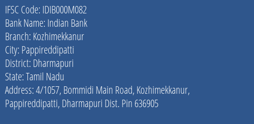 Indian Bank Kozhimekkanur Branch Dharmapuri IFSC Code IDIB000M082
