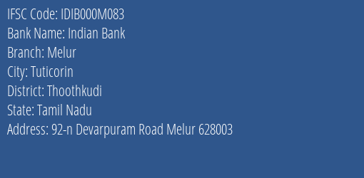 Indian Bank Melur Branch Thoothkudi IFSC Code IDIB000M083