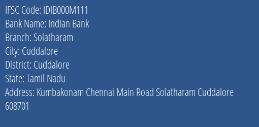 Indian Bank Solatharam Branch Cuddalore IFSC Code IDIB000M111