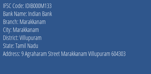 Indian Bank Marakkanam Branch Villupuram IFSC Code IDIB000M133