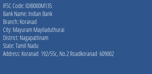 Indian Bank Koranad Branch Nagapattinam IFSC Code IDIB000M135
