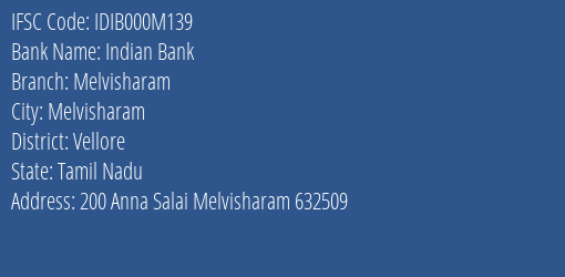 Indian Bank Melvisharam Branch Vellore IFSC Code IDIB000M139