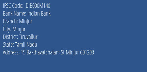 Indian Bank Minjur Branch Tiruvallur IFSC Code IDIB000M140