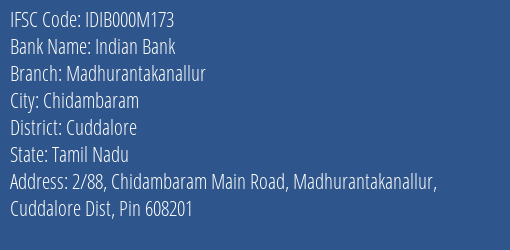 Indian Bank Madhurantakanallur Branch Cuddalore IFSC Code IDIB000M173