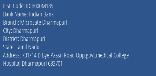 Indian Bank Microsate Dharmapuri Branch Dharmapuri IFSC Code IDIB000M185
