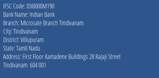 Indian Bank Microsate Branch Tindivanam Branch Villupuram IFSC Code IDIB000M190