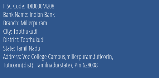 Indian Bank Millerpuram Branch, Branch Code 00M208 & IFSC Code IDIB000M208