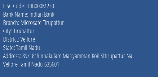 Indian Bank Microsate Tirupattur Branch Vellore IFSC Code IDIB000M230