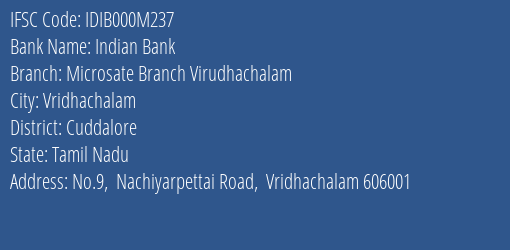 Indian Bank Microsate Branch Virudhachalam Branch Cuddalore IFSC Code IDIB000M237