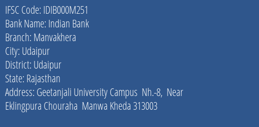 Indian Bank Manvakhera Branch Udaipur IFSC Code IDIB000M251